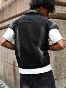 PAVTROS Manfinity Streetrush Men's Black Loose Fit Street Style Denim Vest Jacket - Black - View 2