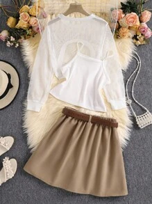 Tween Girl Casual White Hoodie & Pleated Spaghetti Strap Skirt Set, Summer - Khaki - View 2