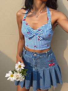 2 件套青春期前女童蓝色格纹樱桃印花细肩带上衣搭配蓝色牛仔水洗樱桃印花褶边裙 - 藍色 - 查看 3