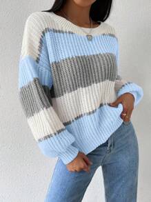 Chiquease 秋冬休闲拼色条纹灯笼袖针织毛衣针织套头衫秋季 - 彩色 - 查看 3
