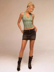 SHEIN Forever 21 Summer Country Concert Tea Party Top, Elegant Casual Tea Party Top, Beach Vacation Music Festival Halter Top 2000s Tops Halter Crop Tops Casual - Green - View 6