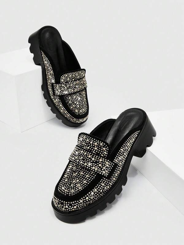 CUCCOO BIZCHIC Zapatos de mujer con decoración de rhinestones, elegantes zuecos negros con cuña de cristal, elegantes para el Día de San Valentín, vacaciones de verano, rebajas de verano, básicos elegantes, casual de negocios, chic de negocios, Navidad, Año Nuevo, vacaciones