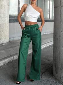 SHEIN Cottnline RueChic Satin High Waist Wide Leg Pant - Green - View 3