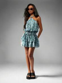 MISSGUIDED Snake Print Halter Neck Mini Dress Tiered Ruffle Summer Spring Party Festival Holiday Resort Sleeveless Backless Elastic Waist Design - Blue - View 3