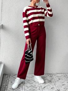 EURMUSE 2pcs Women Casual Everyday Cardigan And Pants Suit, Colorblock Striped,Loungewear Set,Petite,Winter Clothes - Burgundy - View 3