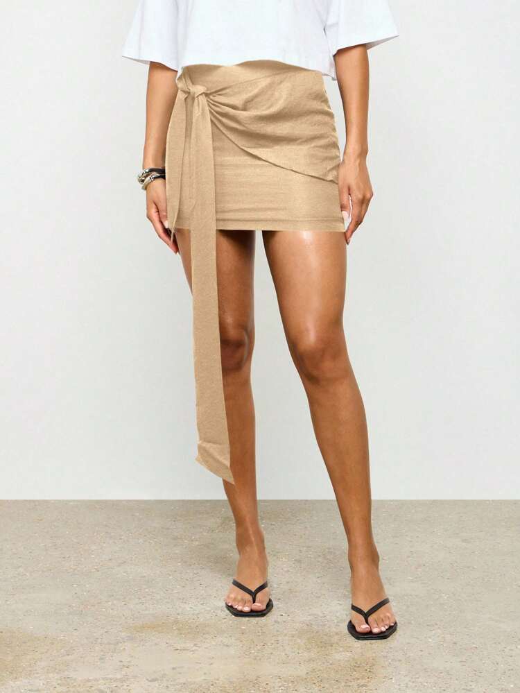Linen Mini Skirt With Side Ruching And Tie Detail