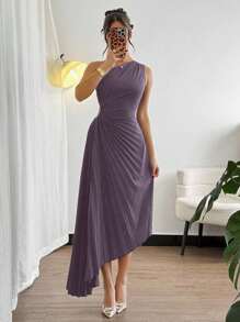 Modelyn 女士时尚优雅不对称荷叶边下摆中长连衣裙 - 紫色 - 查看 3