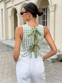 Siren Gaze Women Plaid Backless Tie-Up Sleeveless Casual Shirt, Summer
