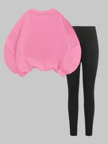 SHEIN Girlism 少女两件套厚长袖套头衫和裤子套装，休闲秋冬装 - 粉色 - 查看 2