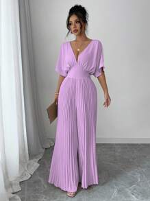 Elenzga 纯色深 V 领蝙蝠袖褶皱优雅女式连体裤 - 淡紫色 - 查看 5