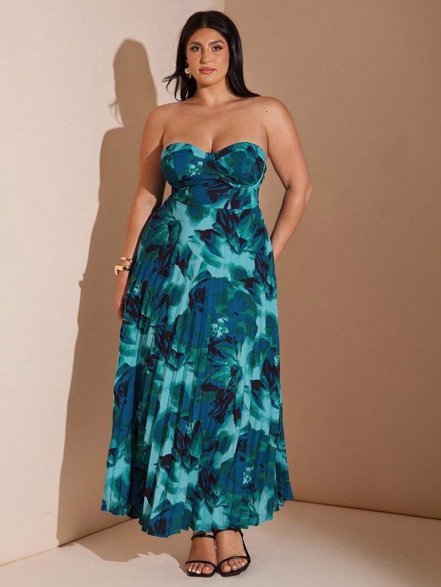 SHEIN BAE 大码女式褶皱印花长裙，春夏