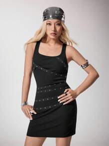 Y2Kool Mystic heart Grunge Punk Women's Sleeveless Sexy Black Tank Mini Dress With Stud Rhinestone Ribbon Detail - Suitable For Beach Graduation Easter Concerts Nashville Music Festivals Summer Black Dress Black Mini Dress Bodycon Dress Racerback Dress Studded Dress Black Club Dress Y2K 2000s Back To School Club Outfits Women Sexy - Black - View 3