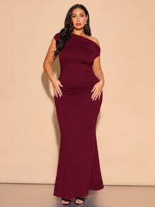 SHEIN BAE Váy Maxi Xù Lông Bất Đối Xứng Thanh Lịch Cỡ Lớn Cho Nữ, Thích Hợp Mặc Hàng Ngày, Hẹn Hò, Đi Chơi, Tiệc Tùng, Đi Câu Lạc Bộ, Halloween, Ngày Lễ Tình Nhân, Đám Cưới Làm Phù Dâu Hoặc Váy Dự Tiệc, Váy Hẹn Hò Lãng Mạn - Màu Đỏ Sâu - Xem 5
