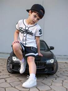 SHEIN 2pcs Loose Fit Sports Letter & Number Printed Short Sleeve Shirt And Shorts Set, For Young Boy - Black and White - View 7