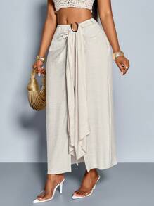 SOLERSUN Women's Spring Summer Solid Color Minimalist Everyday Wear Ruched High-Slit Long Skirt With Metal Decorated Beach For Woman - Apricot - View 5