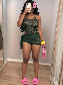 Slaydiva 2025夏季新款，适合生日派对、日常出行、休闲度假、邮轮旅行、海滩、海边、日光浴等场合，基础百搭，线上热销单品，露背吊带，性感露背紧身裤，短款不对称下摆上衣和不对称侧边吊带裙，透视纹理，闪亮亮片，夏季毛衣套装，秋冬女士毛衣套装