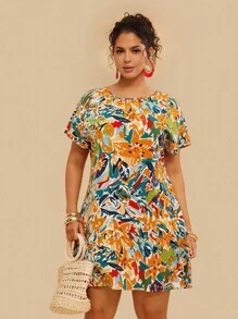 Travachic 大碼印花蝙蝠袖直筒連衣裙 - 彩色 - 查看 3