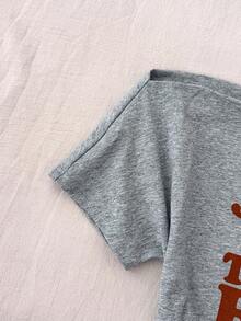 少女休闲红色女孩只想玩得开心比口号白色露肩领文字印花短腰聚拢短袖紧身裤，春夏季，基本款，日常款，百搭款，运动时尚夏季上衣，返校季，校服 - 灰色 - 查看 5