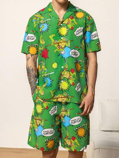 TEENAGE MUTANT NINJA TURTLES | SHEIN Men's Cartoon Pattern Button Front Short Sleeve Top And Shorts Green Loungewear Set