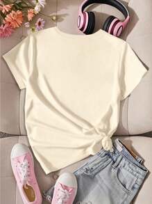 Tween Girls Casual Comfortable Minimalist Cat Graphic Short Sleeve Round Neck T-Shirt, Suitable For Summer, School, Campus, College - Beige - View 2