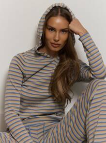 MUSERA 条纹连帽长袖修身针织上衣，可爱夏季度假机场街头休闲优雅酷炫套装上衣，仅限女性办公室着装，适合秋冬季日常办公穿着，时尚春季毛衣 - 彩色 - 查看 2