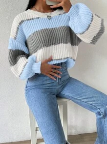 Chiquease 秋冬休闲拼色条纹灯笼袖针织毛衣针织套头衫秋季 - 彩色 - 查看 7
