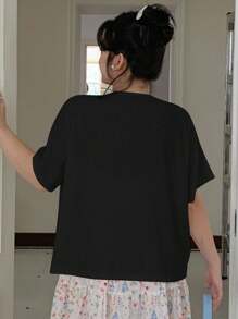 Dazy Plus Áo khoác cardigan ngắn tay buộc phía trước bằng vải họa tiết màu trơn dành cho nữ - màu đen - Xem 2