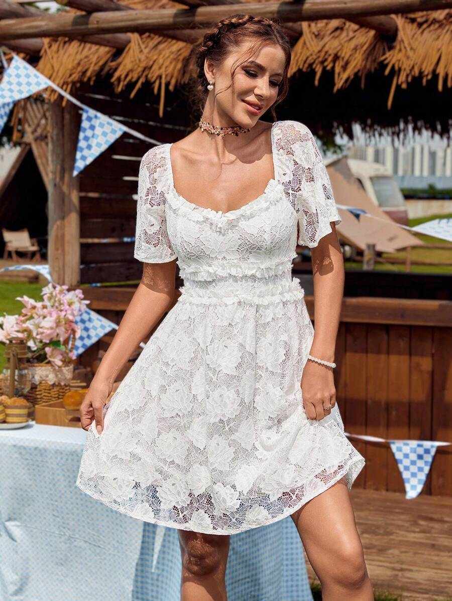 LanaWest Women's Summer White Western Elegant Lace Sweetheart Shirred Frill Embroidered Tiered A-Line Short Dress - White - View 1