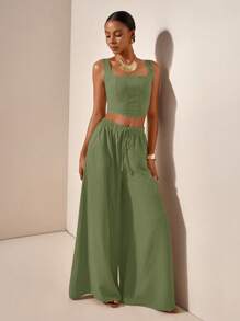 Zivah 全新度假休闲人字纹吊带背心和阔腿裤，带口袋，两件套纹理面料套装 - B - 軍綠色 - 查看 5