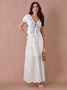 Áo cánh thắt eo thêu hoa giản dị cho kỳ nghỉ - Nhiều màu - Xem 6