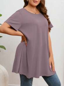 SHEIN Privé Talla grande Sencillo y elegante unicolor Vestido tipo línea A de media longitud Talla grande Camiseta de manga corta, verano - Morado - Ver 4