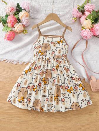 Young Girl Cartoon Kapibar Print Casual Sleeveless Dress For Summer
