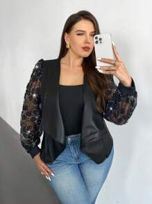 Firerie Plus Size Elegant Mixed Mesh & Applique Decoration Stand Collar PU Leather Jacket Winter Fall Autumn Fall/Winter - Black - View 1
