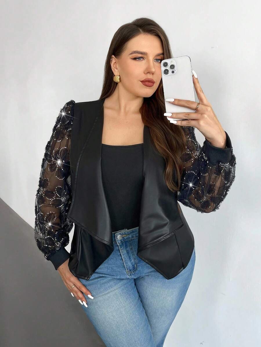 Firerie Plus Size Elegant Mixed Mesh & Applique Decoration Stand Collar PU Leather Jacket Winter Fall Autumn Fall/Winter - Black - View 1