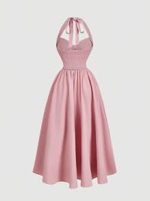 SHEIN MOD 女式露背褶饰蝴蝶结摆裙，粉色派对女装，新年晚会服装，化妆舞会礼服，生日女装，性感粉色连衣裙，蝴蝶结连衣裙，新年公主女装 - 粉色 - 查看 2