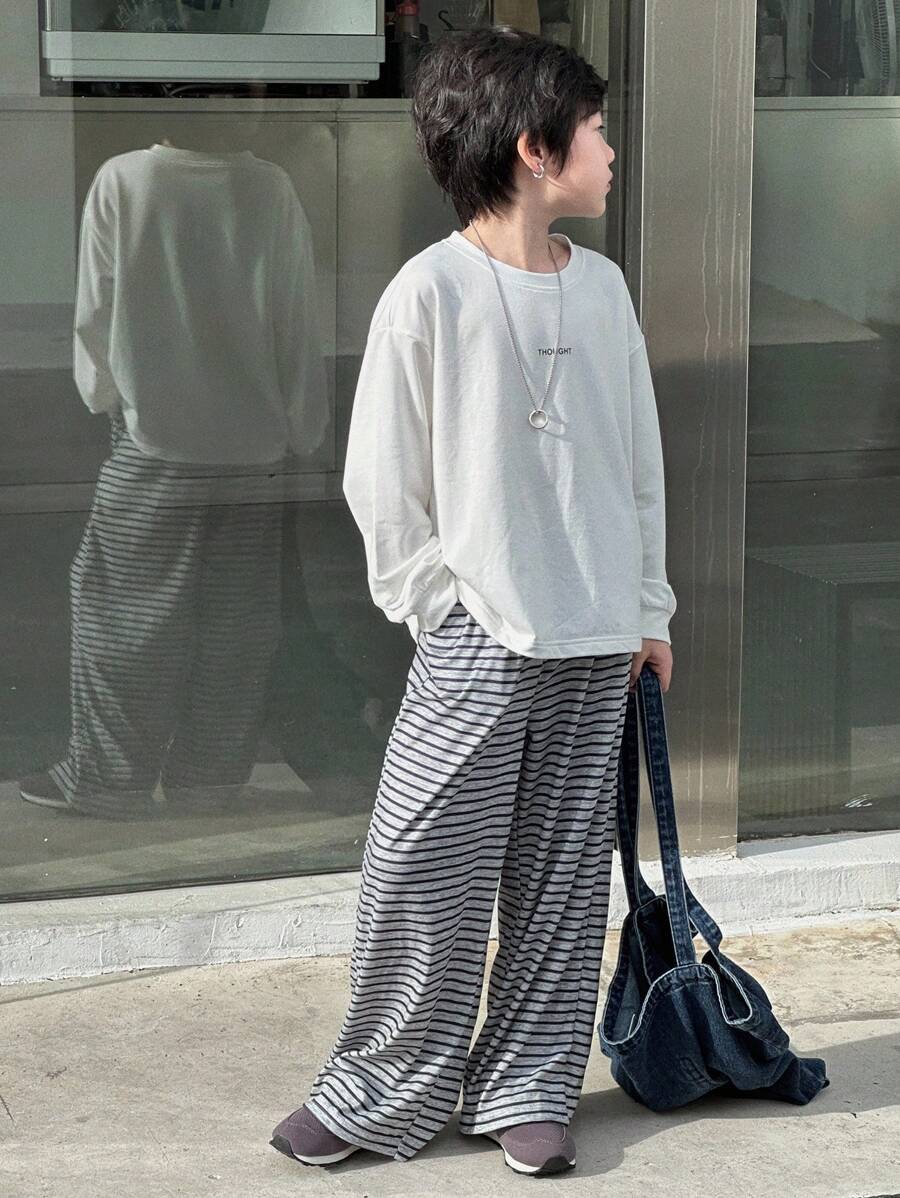 Dazy Kids 2pcs Kids Fall Outfit, Toddler Boys Loose Casual Striped Letter Print T-Shirt And Straight Leg Sweatpants Set - White - View 1