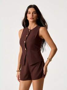 SHEIN Tall 女士休闲夏季商务前扣背心短裤套装秋冬 - 棕色 - 查看 5