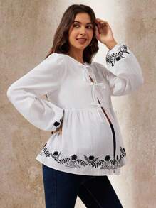 Boho Mama 孕妇花卉刺绣系带休闲度假长袖衬衫 - 黑與白 - 查看 3