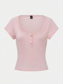 Sweetra Moosta Plus-Size Women's Sweet Lace Trim Short Sleeve T-Shirt, Slim Fit 3-Button Casual Pink Tee Tops Summer