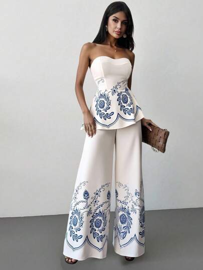 Firerie Women's Elegant Floral Printed Crop Top & High Waist Wide Leg Pants 2 Pieces Sets, Casual Vacation Outfit For Summer Day