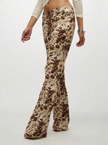 SUMWON WOMEN Flare Jeans Cow Print High Rise Western Boho Festival Lace Up Front Denim Pants Fall Winter Fashion Bell Bottom Y2K Retro Style - Multicolor - View 5