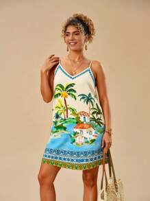 Travachic 大码女式V领花卉印花迷你梭织连衣裙，适合春夏季度假穿着，女士夏季服装，沙滩装，女士度假装，女士演唱会服装，波西米亚风格，女士热带度假装，女士夏季连衣裙，波西米亚风格度假连衣裙 - 彩色 - 查看 2