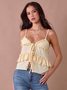 Enchnt Summer Women's Pale Yellow Elegant Ruffle Hem Bowknot Front Camisole,Sweet Fashionable Tops For Vacation,Date,Tea Party,Wedding Guest&Graduation - Apricot - View 2