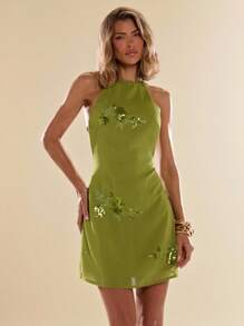 SHEIN BAE Đầm mini hở lưng thêu sequin thanh lịch cho nữ, mùa hè - màu xanh lá - Xem 6