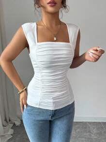 Chiquease 女式纯色领口短款紧身无袖背心 - 白色 - 查看 6