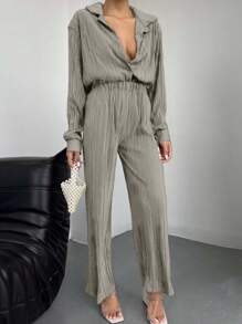 Drop Shoulder Plisse Shirt & Wide Leg Pants - Beige - View 2