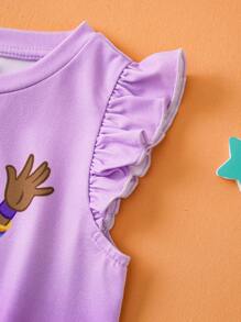 Blippi X SHEIN Bộ đồ mùa hè 2 món áo tay dài màu tím ombre phong cách hoạt hình cho bé gái và quần short in hình bướm trái tim dễ thương - Màu tím - Xem 7