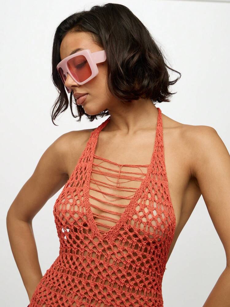 SUMWON WOMEN Crochet Knit Beach Cover Up With Halter Neck