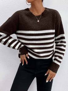 EURMUSE Round Neck Drop Shoulder Striped Knit Sweater - Brown - View 5