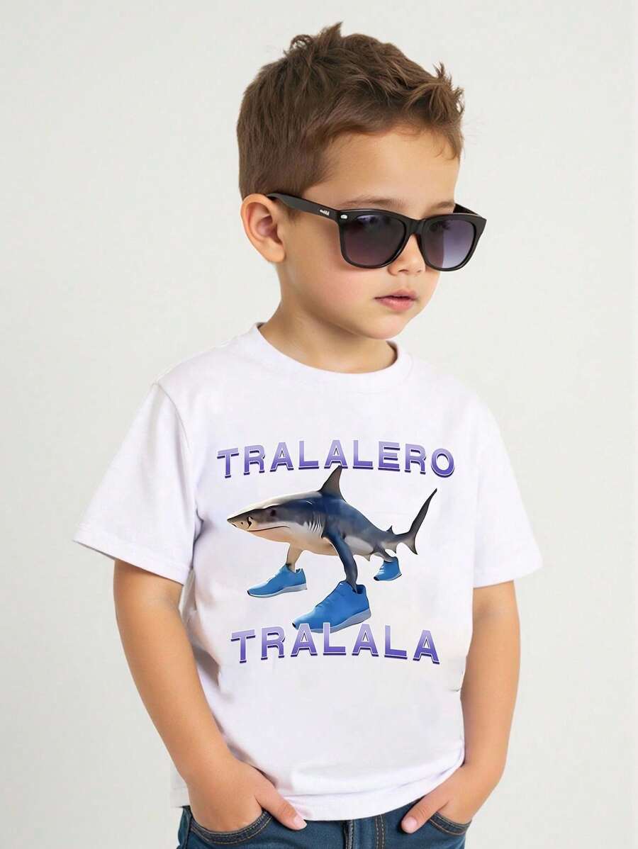 SHEIN Tween Boy Shark & Letter Print Round Neck Short Sleeve Casual T-Shirt Summer Holiday - White - View 1